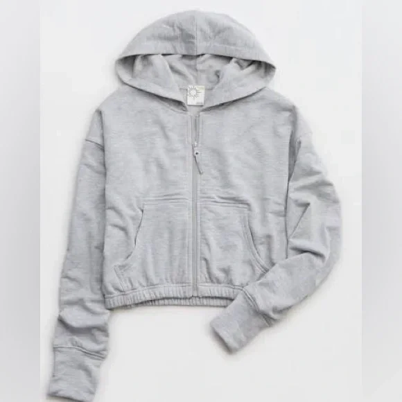 OFFLINE By Aerie OTT Cropped Full Zip Jacket Grey Sweatshirt Large - Picture 2 of 6